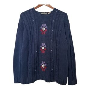 Vintage Denver Hayes Knit Floral Detail Crewneck Sweater Navy Cotton Size XL